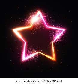 star frame with light flash and particles. Shining banner. Isolated on dark red background. Bright illustration in 80s neon style.