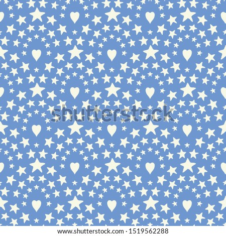 Star and heart pattern. Seamless vector repeat background design in blue and white.