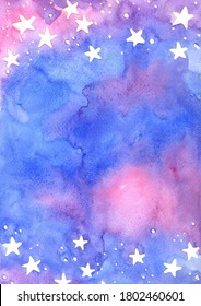 Star On The Fairy Tale Sky Watercolor Hand Painting Frame Background For Decoration On Night Party Events. 