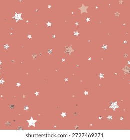 Star seamless pattern featuring white and grunge celestial shapes on pink background