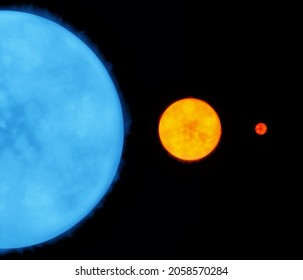 Star Size Comparison. Blue Star, Yellow Star And A Red Dwarf On A Black Background 3d Illustration.