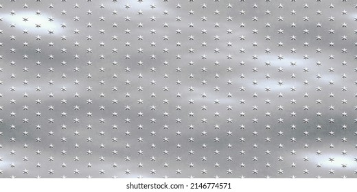 Star Studded Galvanized Steel Seamless Sheet Metal Texture. Metallic Brushed Aluminum Panel Embossed With Stars Rivets Pattern. 8K High Resolution Material 3D Rendering.