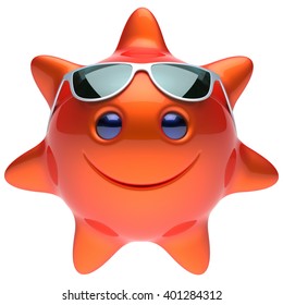 Star Sun Smiley Face Sunglasses Cheerful Summer Smile Cartoon Ball Emoticon Happy Sunny Heat Orange Red Person Icon. Smiling Laughing Character Holiday Chilling Sunbathing Sunbeam Avatar. 3D Render