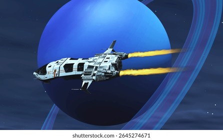 Starcraft visits Neptune Planet 3d illustration - A starship visits the planet of Neptune with its faint ring system.