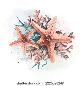 Starfish with corals and algae on the background of watercolor spots and splashes. Watercolor illustration. A composition from the SYMPHONY OF THE SEA collection. For decoration and design.