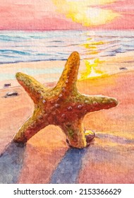 Starfish On Ocean Beach At Sunset. Summer Vacations. Watercolor Painting. Acrylic Drawing Art. A Piece Of Art. 