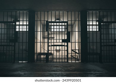 A stark, haunting view of an abandoned prison cell, its bleakness highlighted by sunlight filtering through barred windows, evoking a sense of forgotten desolation.