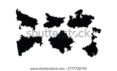 A stark solid black silhouette illustration depicting fragmented geographical map shapes of various regions. The high contrast dark figures against a pristine background emphasize the territorial boundaries and cartographic details. The minimalist visual approach provides a highly authoritative and educational mood. This premium commercial asset is perfectly tailored for geopolitical news platforms, educational geography textbooks, and regional demographic data presentations.