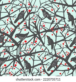 Starlings tree branches in red  grey   white seamless pattern light blue background 