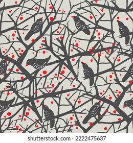Starlings tree branches in red  grey   white seamless pattern light gray background 