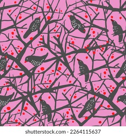 Starlings tree branches in red  grey   white seamless pattern pink background 