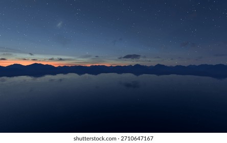 Starlit night over a distant mountain range with a calm lake reflection and sunset glow. 3d Rendering.