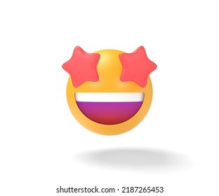 Starry Eyed Emoji Icon. Red Stars For Eyes Excited Emoticon With Open Smile 3D Illustration