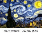  The Starry Night , Art painting Oil color moon Mountain village , van Gogh