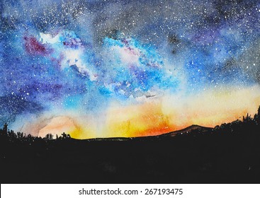 starry night, hand-painted watercolor