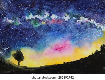 starry night landscape with milky way, hand-drawn watercolor