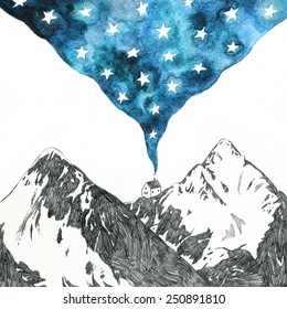 Starry Night - Mountain Landscape Pencil And Watercolor Drawing