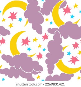 Starry night seamless pattern with moon, stars and clouds. Boho style decorative background for wallpaper, digital paper, wrapping design, fashion fabric, textile print. Hand drawn illustration.