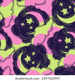 Starry night seamless pattern with moon, stars and clouds. Boho style decorative background for wallpaper, digital paper, wrapping design, fashion fabric, textile print. Hand drawn illustration.