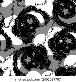 Starry night seamless pattern with moon, stars and clouds. Boho style decorative background for wallpaper, digital paper, wrapping design, fashion fabric, textile print. Hand drawn illustration.