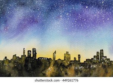 Starry Night Sky And City Skyline With Sky Scrapers, Hand-drawn Watercolor