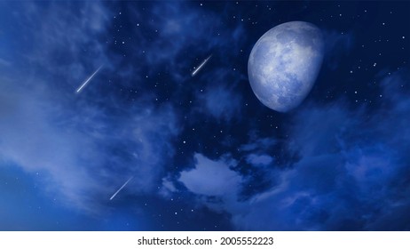 Starry Night Sky With Shooting Stars Or Meteors And Fantastic Big Moon Obscured By Fluffy Clouds. Simple Fantasy Concept 3D Illustration From My 3D Rendering File.