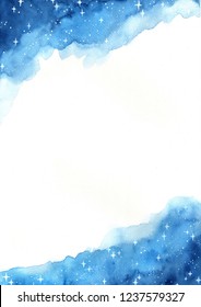 Starry Night Sky And Text Space Watercolor Hand Painting Background.