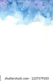 Starry Night Sky And Text Space Watercolor Hand Painting Background.