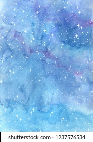 Starry Night Sky Watercolor Hand Painting Background.