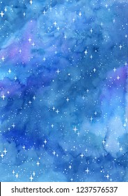 Starry Night Sky Watercolor Hand Painting Background.