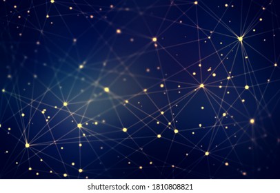 Starry plexus geometric pattern on black background. Dark matter abstract texture. Cosmic techo net structure. Connection data base illustration.