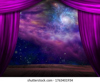 Starry Sky Behind The Purple Stage Curtains. 3D Rendering