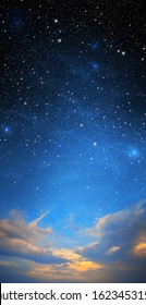 The Starry Sky And The Blue Sky Together. Sunset. Night Sky Backgrounds With Stars And Clouds. Dark Cosmos With Stars. Sunrise In Morning Sky With Star And Milky Way Background. Day Turns To Night.