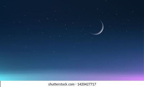 Starry Sky And Moon At Night Illustration With Colored Light In Horizon, Bleu, Purple.