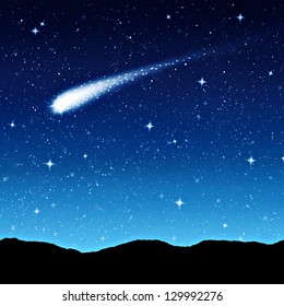 Starry Sky At Night With Comet Or Shooting Star