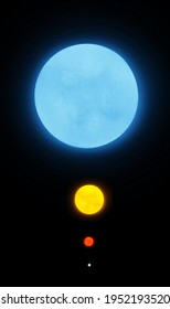 Stars Of Different Sizes And Temperatures. Star Size Comparison. Blue Star, Yellow Star, Red Dwarf And A White Dwarf On A Black Background 3d Illustration