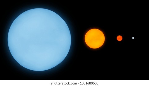 Stars In Space, Size Comparison. Large Blue Star, A Yellow Sun-like Star, Red Dwarf And A White Dwarf On A Black Background 3d Illustration.