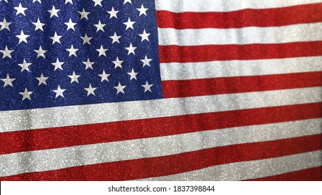 Stars and Stripes in a glamourous and bright style. Fashionable concept 3D illustration of a full-screen glittery national flag of USA seamlessly waving in the wind.