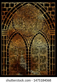 Stars in window. Mystic wiccan concept for Lenormand oracle tarot card. Golden engraved illustration on black. Fantasy line art drawing. Gothic, occult and esoteric background