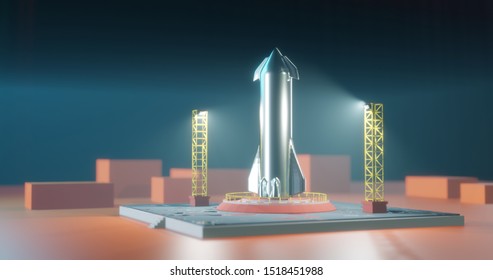 Starship on launch pad. 3d render of spaceship illustration. Rocket before launch.