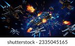 star-ships attack the mother ship in an epic space battle. Laser beams slice through the darkness, illuminating the void with brilliant bursts of energy and explosions.