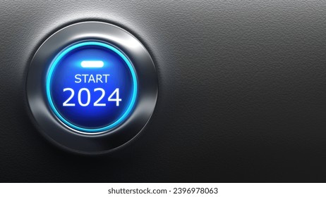 Start 2024. Round button to start new year. 2024 business background. Start button with led back-light. Beginning of 2024. Concept of new stage for business. Christmas, Xmas. 3d image