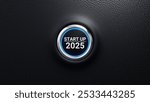 Start up 2025 push button. Planning, start, vision, career path, business strategy, opportunity and change concept. 2025 start modern car button with blue shine. 3d illustration