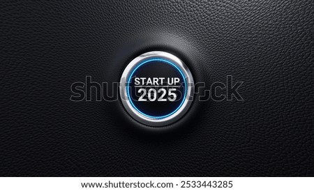 Start up 2025 push button. Planning, start, vision, career path, business strategy, opportunity and change concept. 2025 start modern car button with blue shine. 3d illustration