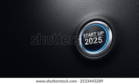 Start up 2025 push button. Planning, start, vision, career path, business strategy, opportunity and change concept. 2025 start modern car button with blue shine. 3d illustration