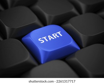 Start button at the computer keyboard. Beginning of the work, project etc concept. 3d rendering