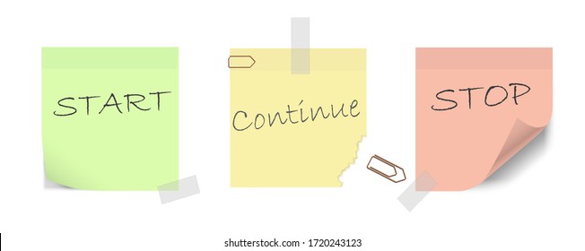 Start, Continue, Stop. Colorful Sticky Notes To Be Used By Agile Development Teams For Retrospective Evaluation. Scrum Board Usage For Software Development.