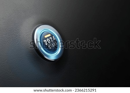 Start engine car button on black leather, happy new year 2024 start new project, start plan to carbon neutrality, 3D rendering.