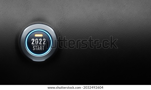 Start engine car button on black
leather, happy new year 2022 start new project, 3D
rendering.