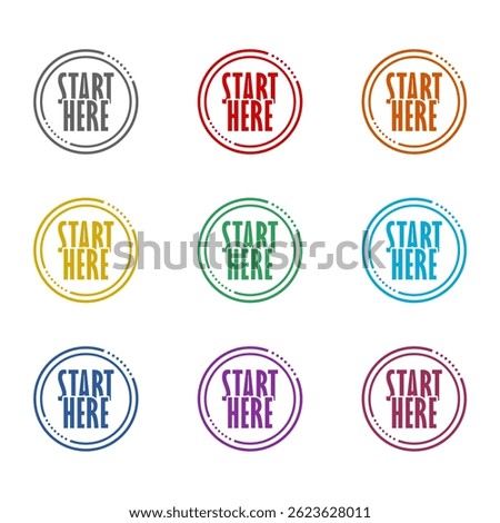 Start here button icon isolated on white background. Set icons colorful